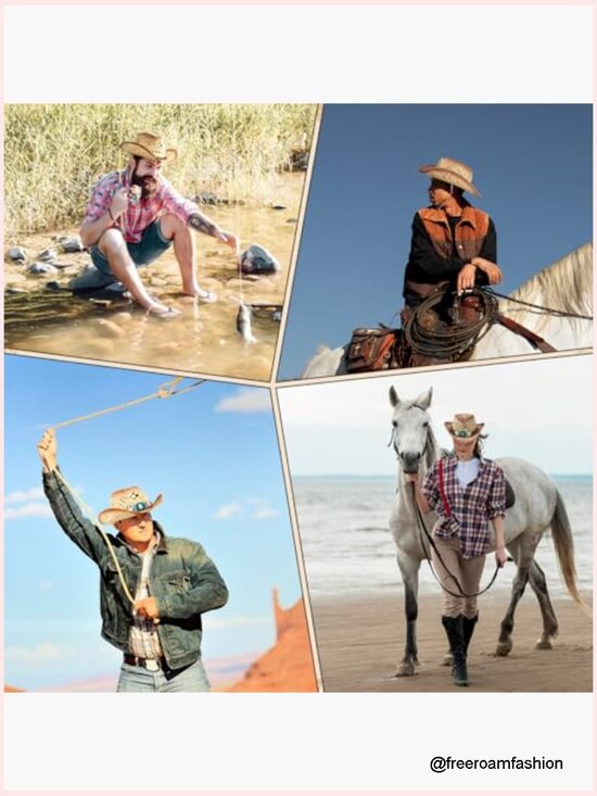 Foldable Straw Cowgirl Hat with Interchangeable Bands, Sun Protection